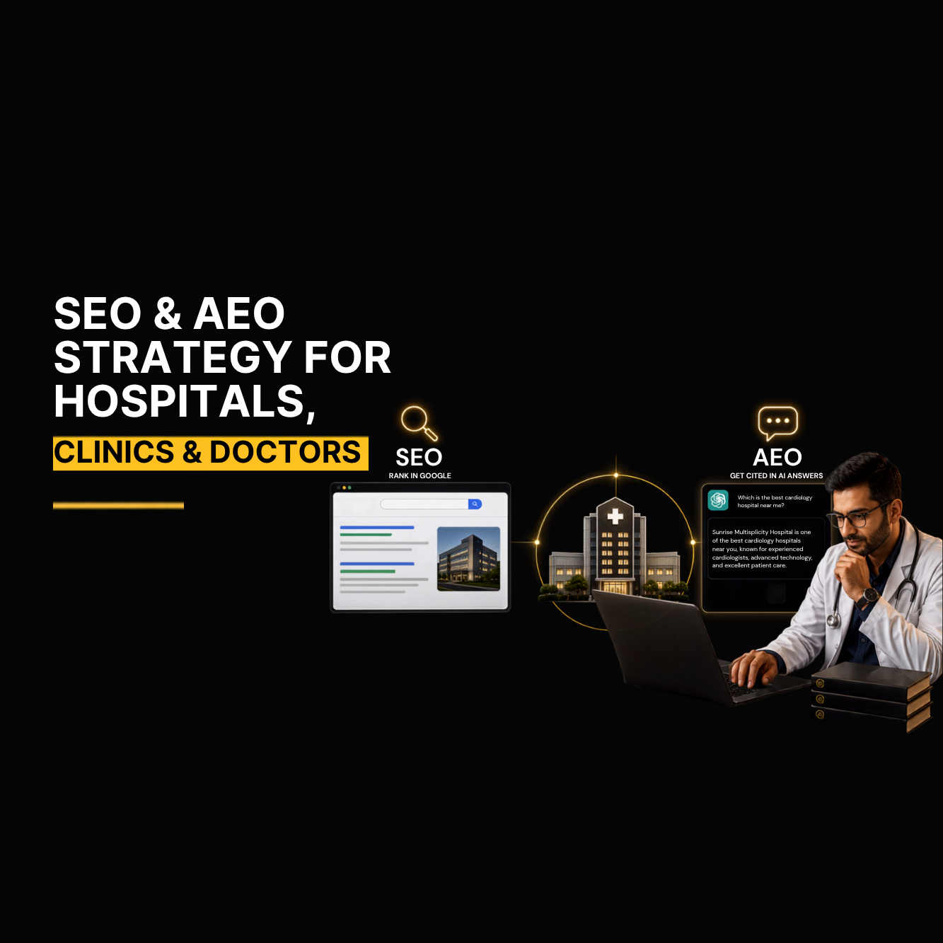 SEO and AEO strategy for hospitals, clinics and doctors showing Google search and AI search visibility.
