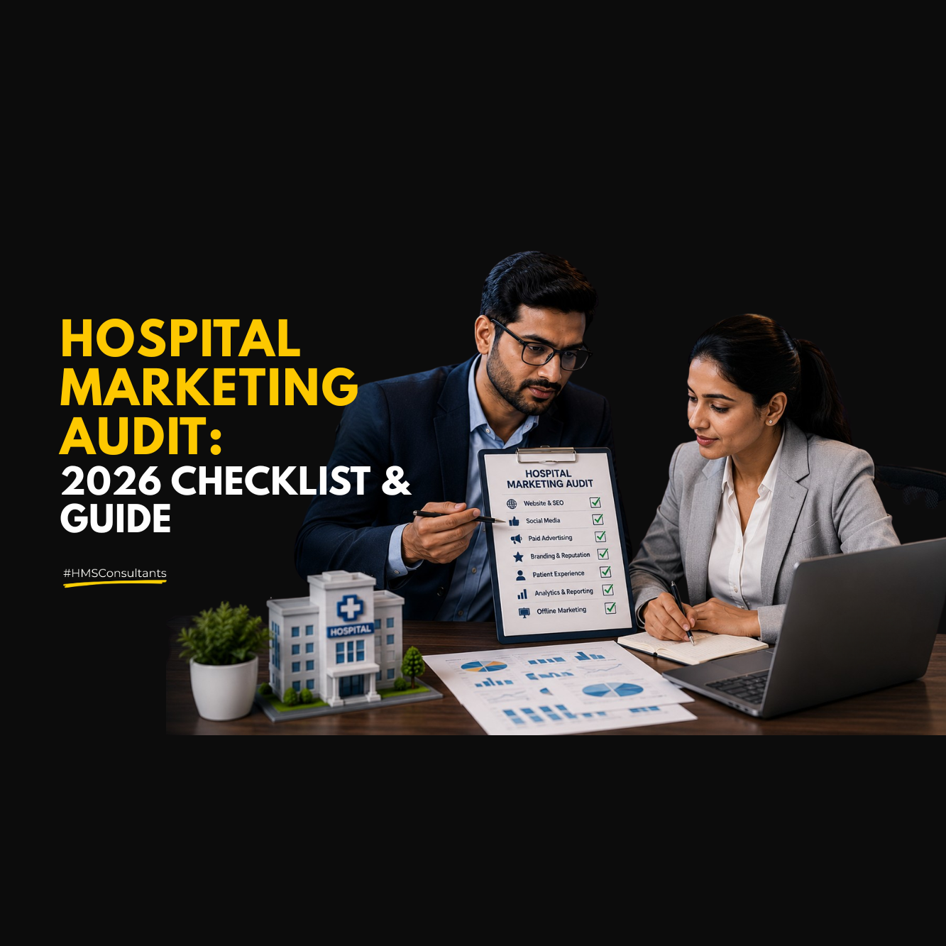 Hospital Marketing Audit: The Complete Checklist for 2026 2 Hospital Marketing Audit checklist with healthcare consultants reviewing hospital marketing strategy and performance metrics