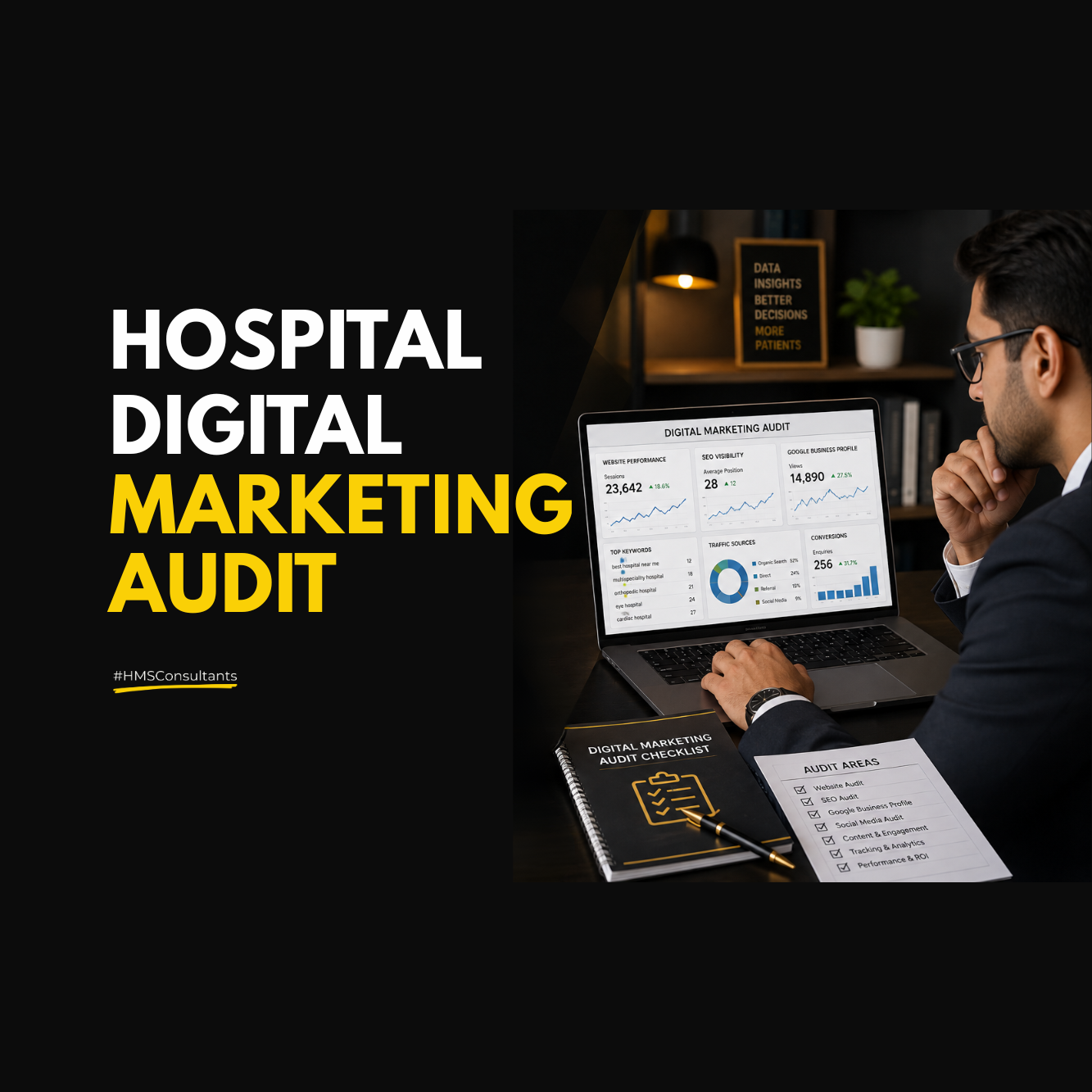 Hospital digital marketing audit showing a healthcare consultant reviewing website SEO, Google Business Profile, analytics, and digital marketing performance.