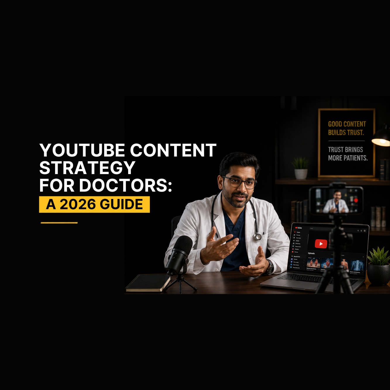 YouTube content strategy for doctors showing a doctor creating educational medical videos to build patient trust and online visibility.