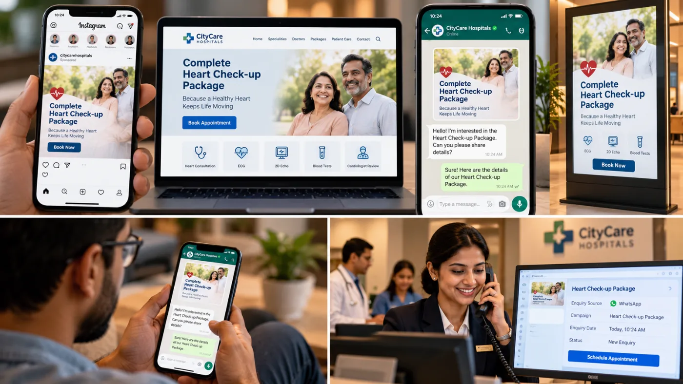 Connected healthcare campaign where an Instagram ad leads to a WhatsApp enquiry that is logged in a tracking system