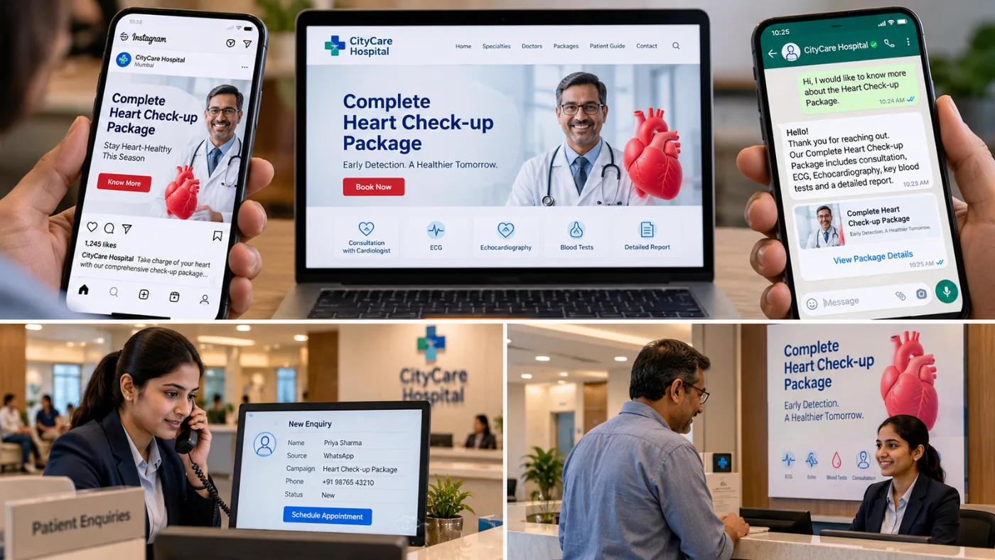 Illustrative heart check-up package campaign across Instagram, website and WhatsApp enquiry tracking for a fictional hospital