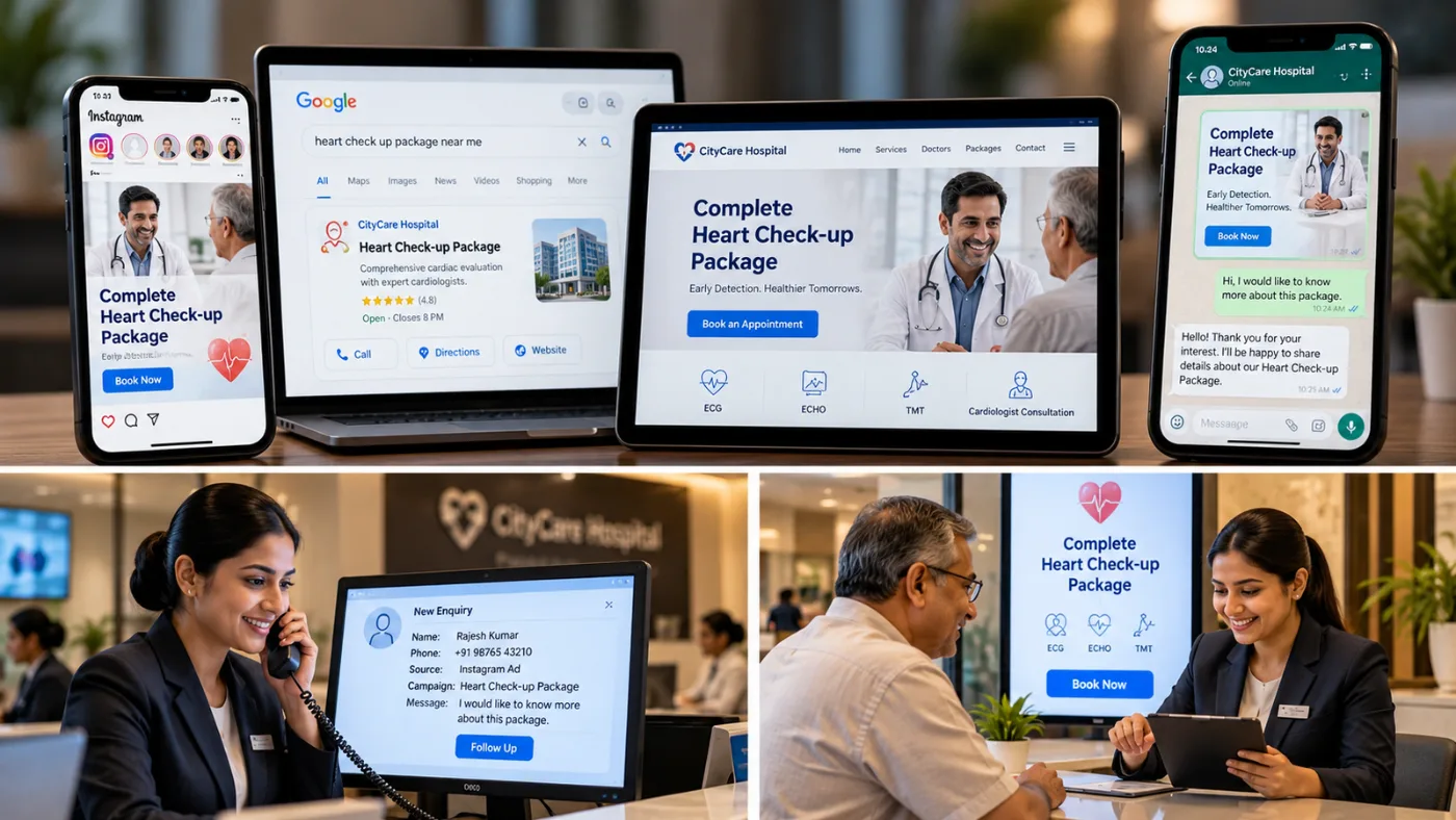 Omnichannel heart check-up patient journey from Google search and Instagram to enquiry tracking and appointment booking