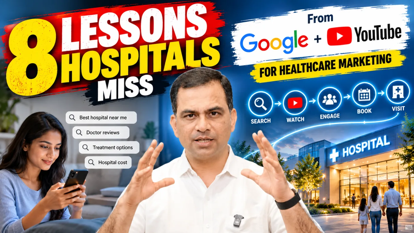 Patient search journey for hospitals: best hospital near me, doctor reviews, treatment options and cost, leading to search, watch, engage, book and visit